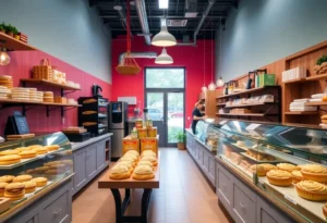 Interior of Cinnaholic vegan bakery showcasing an assortment of cinnamon rolls and pastries.